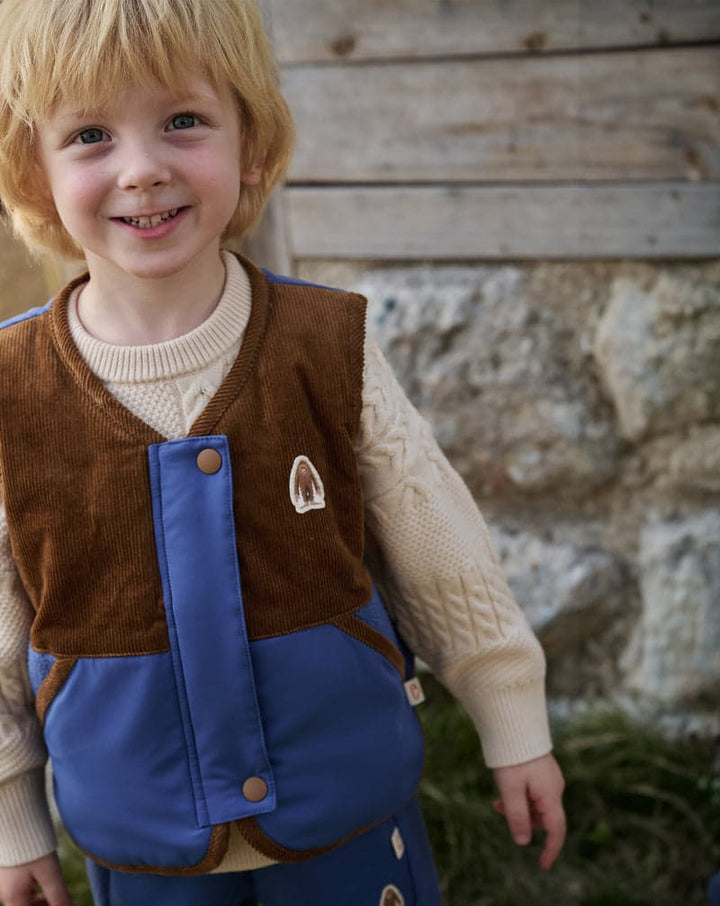 Recycled Polyester +Corduroy Down Kids Vest- Deep Sea Blue
