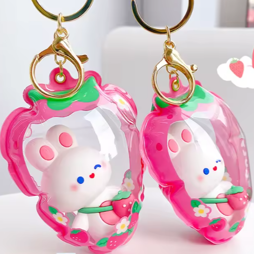 Strawberry Shaped Puffy Sensory Keychain - Straw Bunny