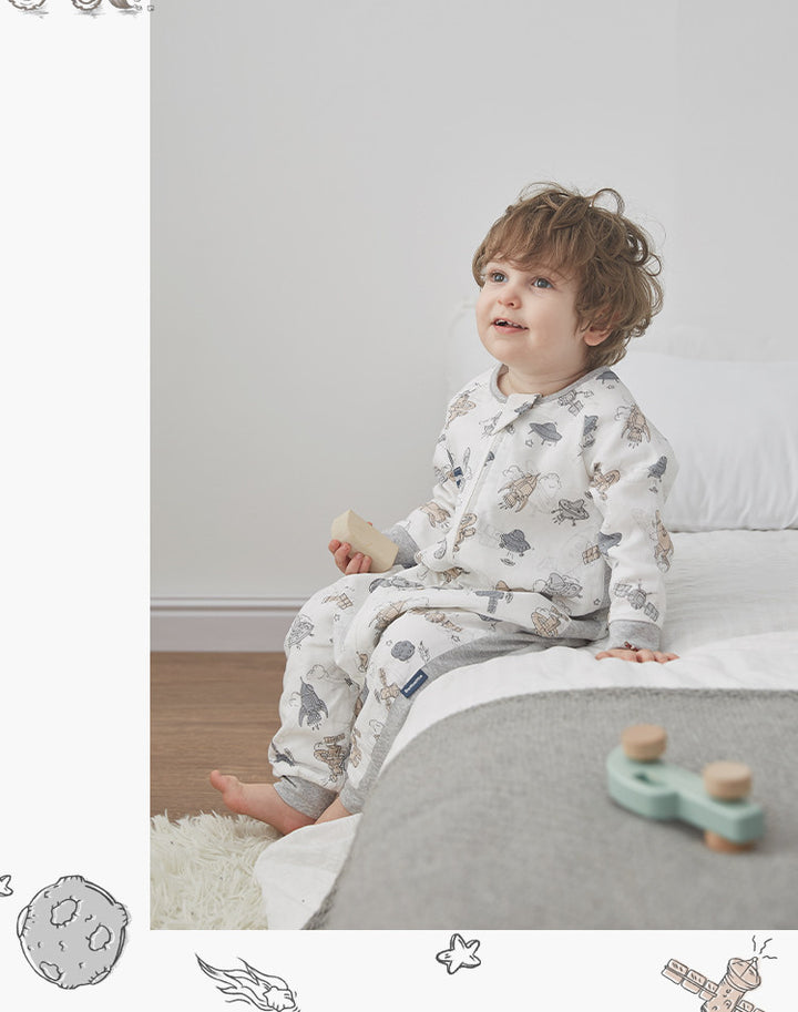 Long sleeve double layer gauze sleep suit with ribbed side-Space Rocket