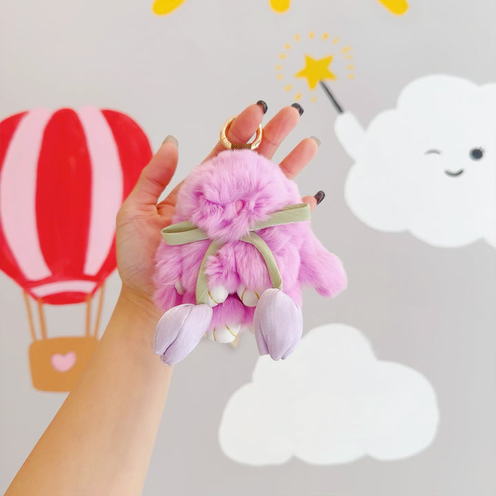 Cute Bunny Keychain with Tulip