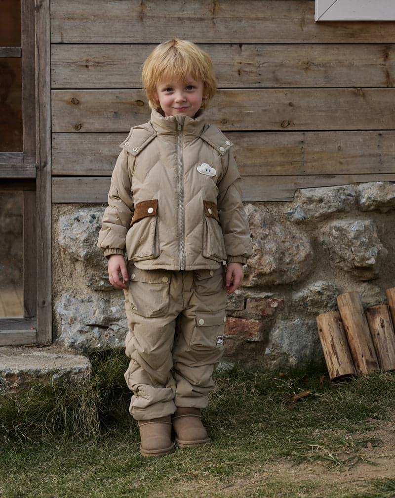 Recycled Nylon Taslon Kids Quilted Cargo Down Pants -Pine Wood