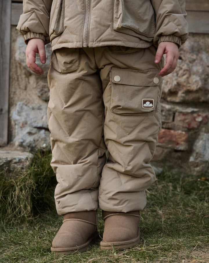 Recycled Nylon Taslon Kids Quilted Cargo Down Pants -Pine Wood