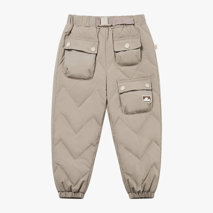 Recycled Nylon Taslon Kids Quilted Cargo Down Pants -Pine Wood