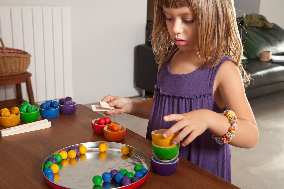 Wood Coloured Bowls and Marbles With Tongs