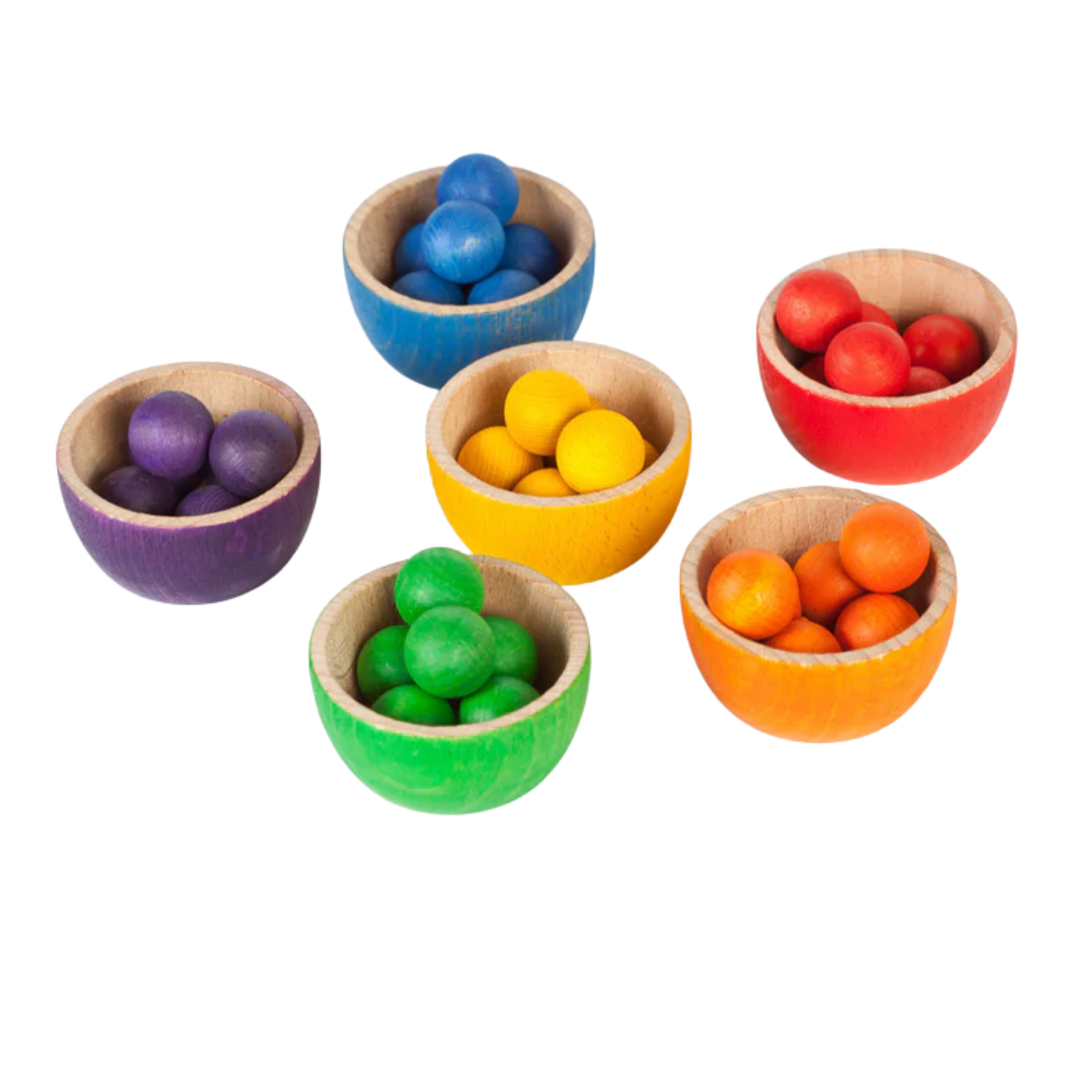 Wood Coloured Bowls and Marbles With Tongs