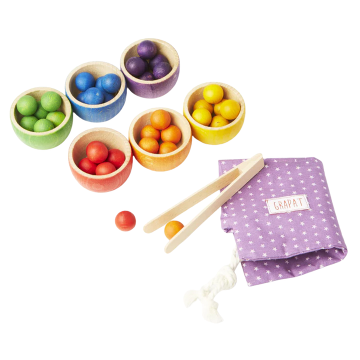 Wood Coloured Bowls and Marbles With Tongs